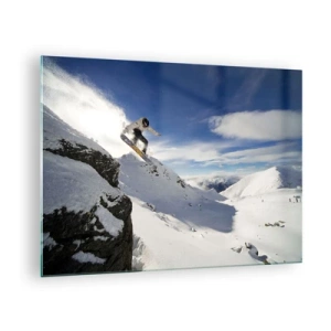 Obraz na szkle - Snowboardzista skaczący z klifu w górach zimą - 70x50cm - Wolność bez granic - Nowoczesna dekoracja ścienna do salonu i sypialni ARTTOR