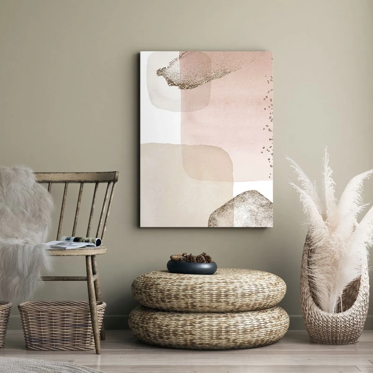 Obraz na płótnie - Abstrakcyjne plamy w odcieniach beżu, różu i złota - 50x70cm - Spojrzenie przez kolor - Nowoczesna dekoracja ścienna do salonu, kuchni i sypialni ARTTOR