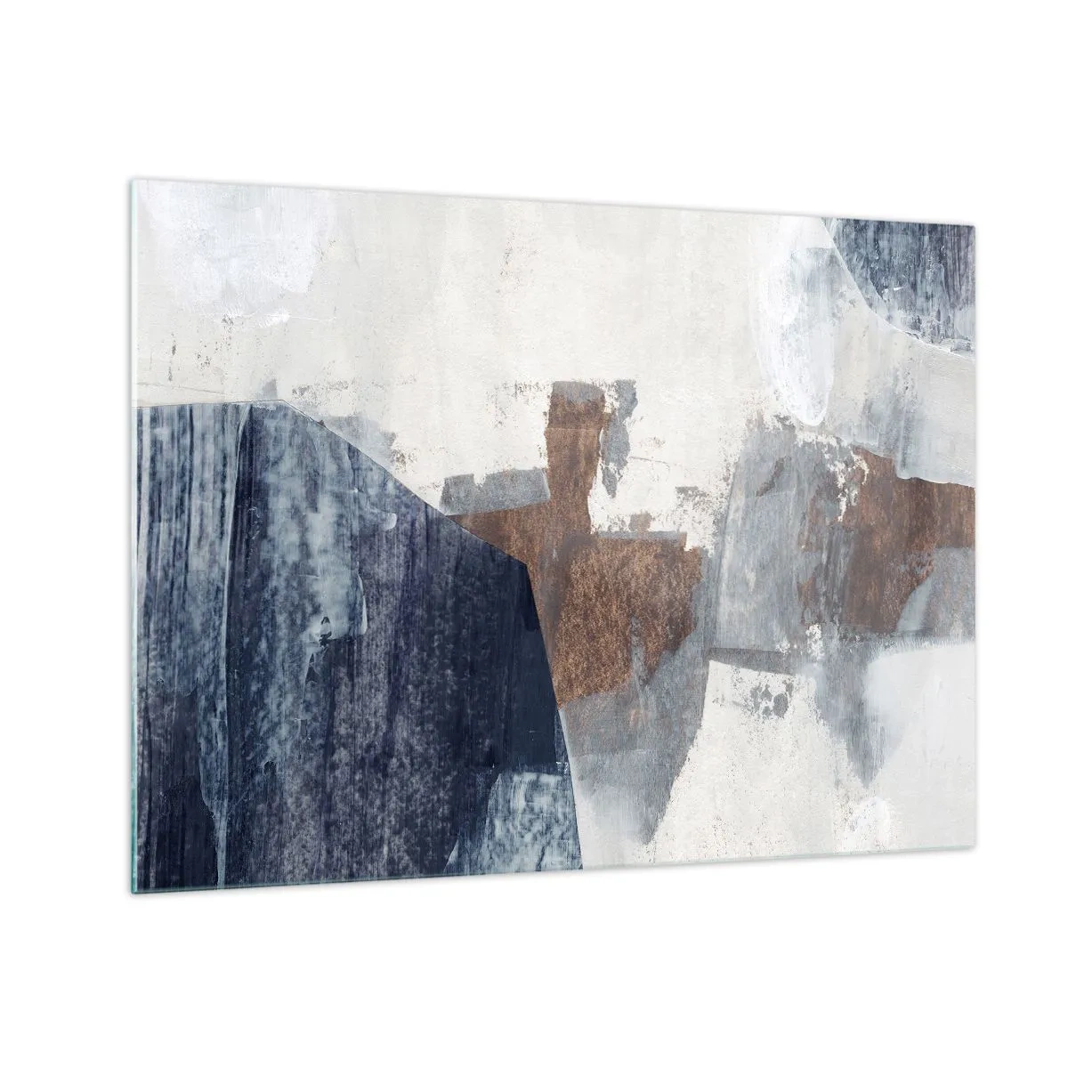 Obraz na szkle - Geometryczne formy w błękicie, brązie i bieli - 70x50cm - Błękitno-brunatne kształty - Nowoczesna dekoracja ścienna do salonu i sypialni ARTTOR