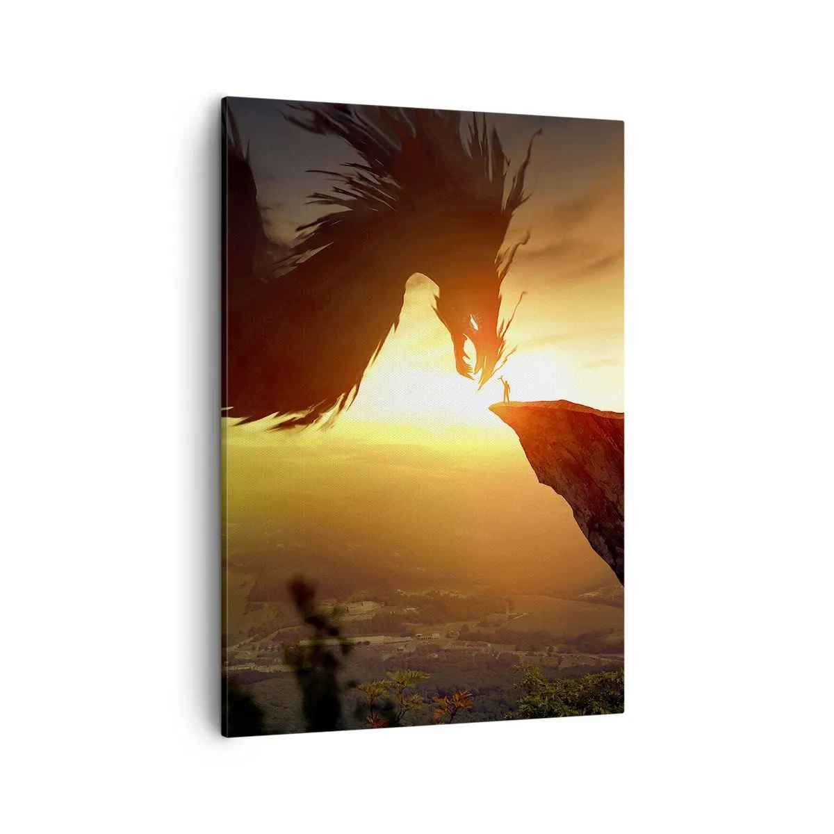 Obraz na płótnie - Postać stojąca na skale naprzeciw gigantycznego smoka w świetle zachodzącego słońca - 50x70cm - Pogromca smoka - Nowoczesna dekoracja ścienna do salonu, kuchni i sypialni ARTTOR