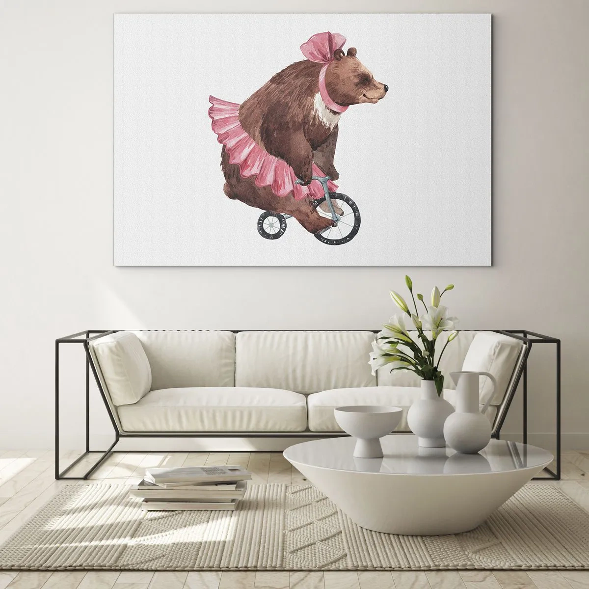 Obraz na szkle - Niedźwiedź w różowej spódniczce na monocyklu - 70x50cm - Ale cyrk! - Nowoczesna dekoracja ścienna do salonu i sypialni ARTTOR