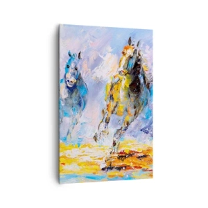 Obraz na płótnie - Dwa konie w ruchu na tle abstrakcyjnego pejzażu - 80x120cm - Galopem przez blask - Nowoczesna dekoracja ścienna do salonu i sypialni ARTTOR