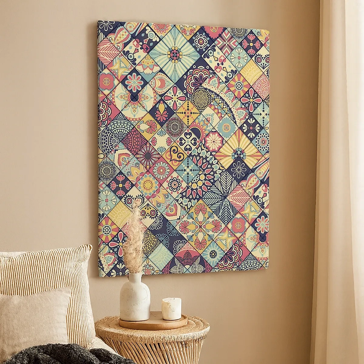Obraz na płótnie - Kolorowy patchwork z orientalnymi wzorami w geometrycznym układzie - 50x70cm - Marokańskie klimaty - Nowoczesna dekoracja ścienna do salonu, kuchni i sypialni ARTTOR
