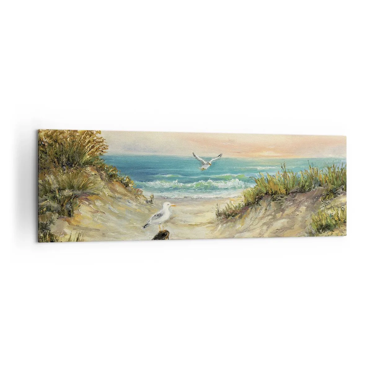 Obraz na płótnie - Wybrzeże z mewami i wydmami o zachodzie słońca - 160x50cm - Bezwietrzne zacisze - Nowoczesna dekoracja ścienna do salonu i sypialni ARTTOR