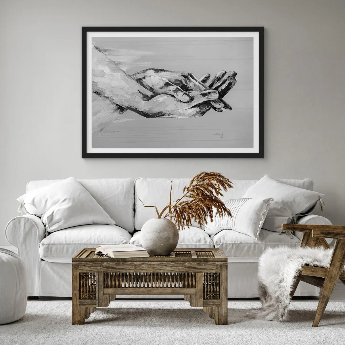 Plakat w czarnej ramie - Czarno-biała kompozycja dwóch splecionych dłoni na jasnym tle - 100x70cm - Początek… - Nowoczesna dekoracja ścienna do salonu i sypialni ARTTOR