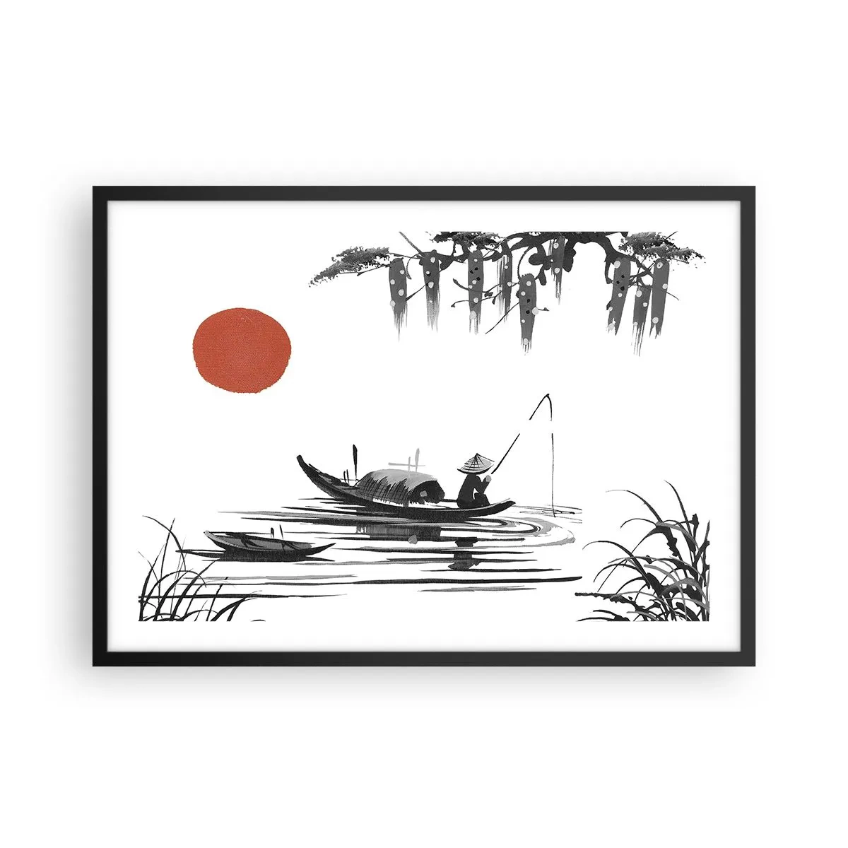 Plakat w czarnej ramie - Orientalny krajobraz z rybakiem na łodzi i czerwonym słońcem - 70x50cm - Azjatyckie popołudnie - Nowoczesna dekoracja ścienna do salonu i sypialni ARTTOR