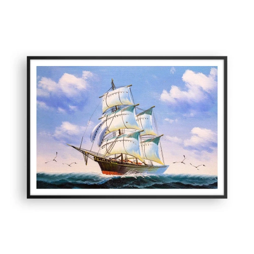 Plakat w czarnej ramie - Żaglowiec na otwartym morzu pod błękitnym niebem - 100x70cm - Dumnie z wiatrem - Nowoczesna dekoracja ścienna do salonu i sypialni ARTTOR