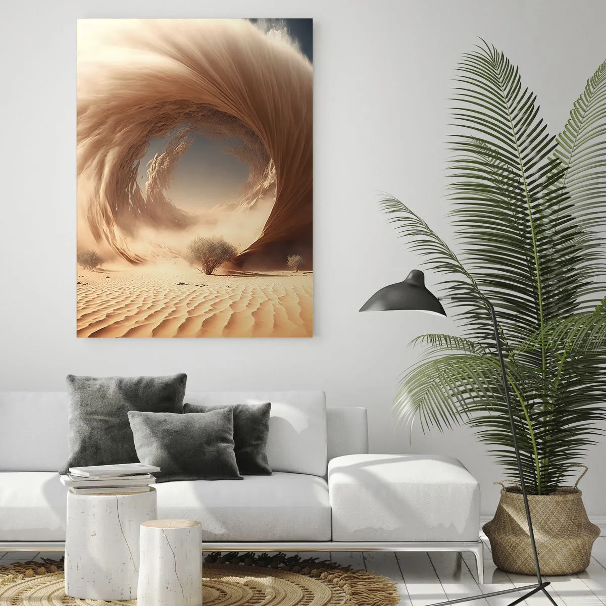 Obraz na szkle - Pustynny wir piaskowy tworzący portal z nieba i wydm - 50x70cm - Otwarty portal - Nowoczesna dekoracja ścienna do salonu, kuchni i sypialni ARTTOR