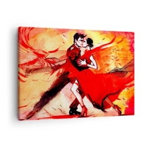 Obraz na płótnie - Para tańcząca tango w czerwonych tonacjach na dynamicznym tle - 70x50cm - Purpurowy rytm namiętności - Nowoczesna dekoracja ścienna do salonu i sypialni ARTTOR