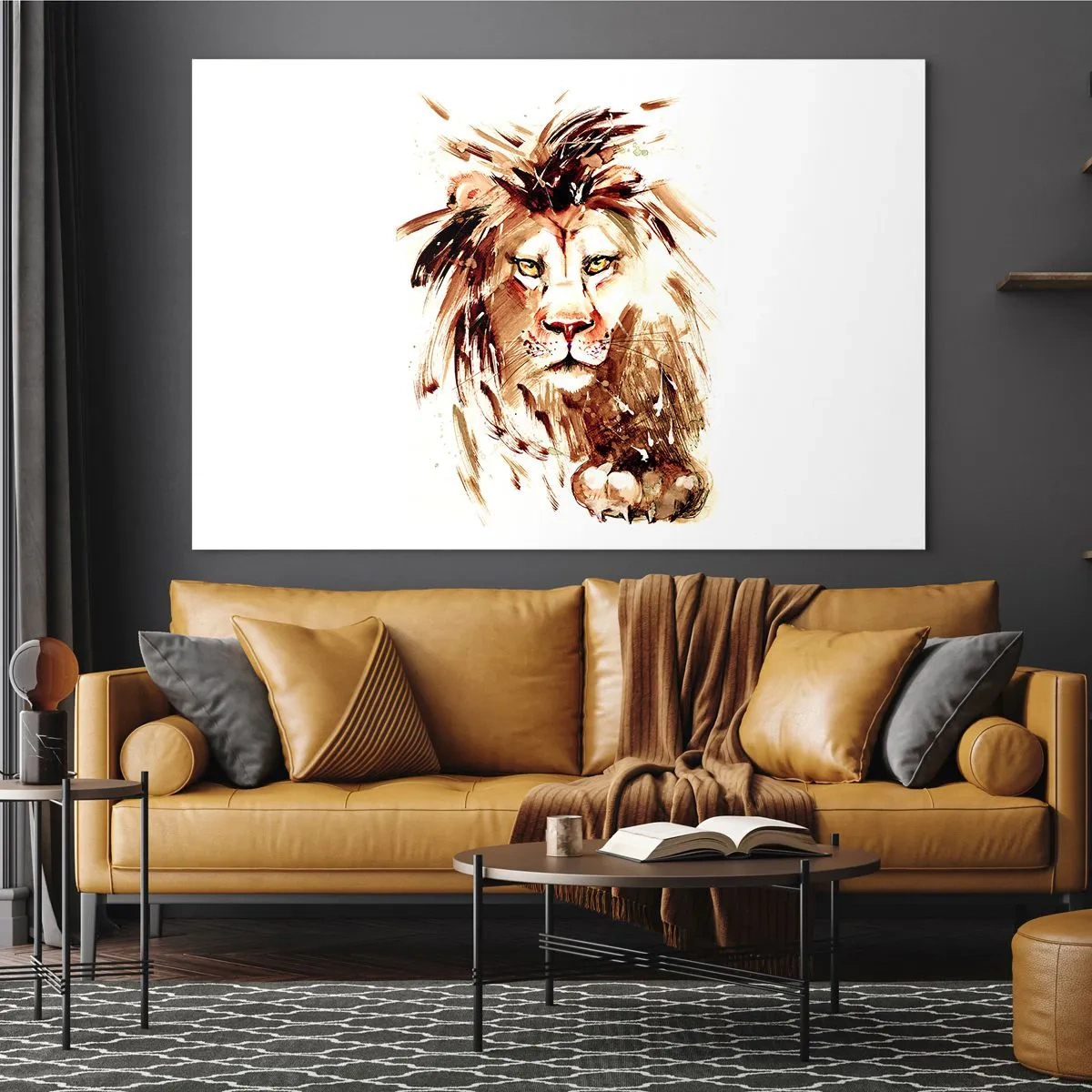 Obraz na szkle - Portret lwa w stylu akwarelowym na białym tle - 120x80cm - Siła i godność - Nowoczesna dekoracja ścienna do salonu, kuchni i sypialni ARTTOR