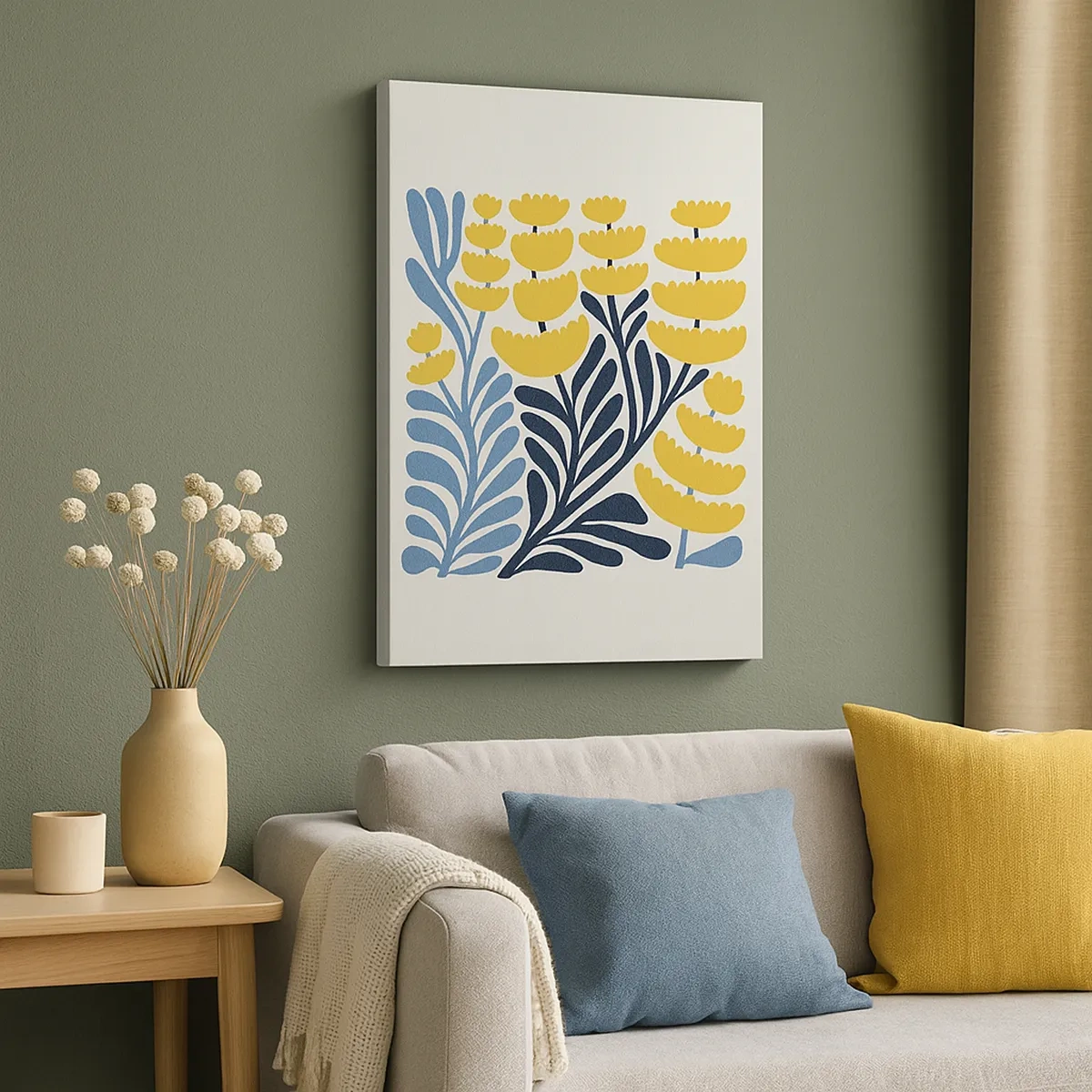 Obraz na płótnie - Minimalistyczne żółte kwiaty i niebieskie liście w skandynawskim stylu - 50x70cm - Słoneczna rabata - Nowoczesna dekoracja ścienna do salonu, kuchni i sypialni ARTTOR