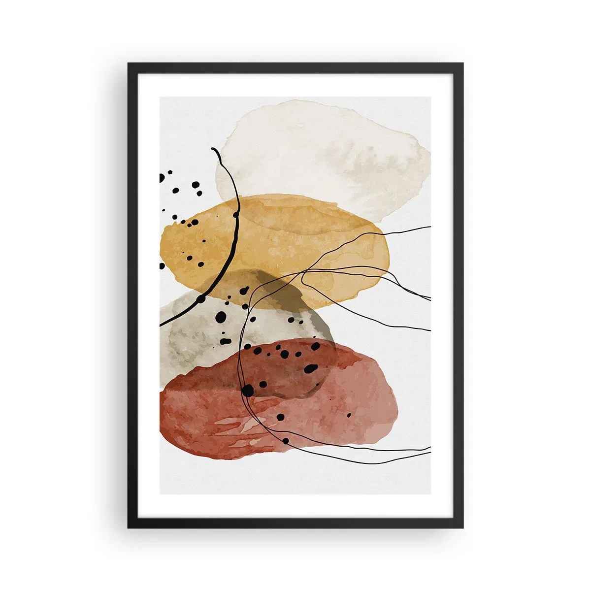 Plakat w czarnej ramie - Abstrakcyjne kształty w odcieniach beżu, żółci i czerwieni - 50x70cm - Jak powietrze lekkie, przejrzyste - Nowoczesna dekoracja ścienna do salonu i sypialni ARTTOR
