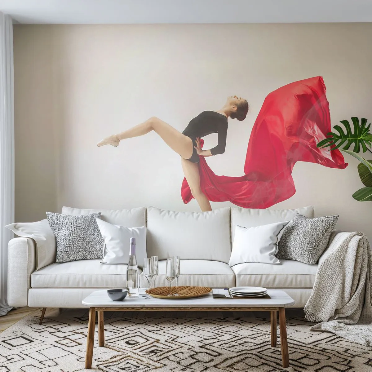 Fototapeta Premium Sand - Tancerka w dynamicznym skoku z czerwonym materiałem - 100x70cm - Czerwone i czarne - Nowoczesna dekoracja ścienna do salonu, kuchni i sypialni ARTTOR