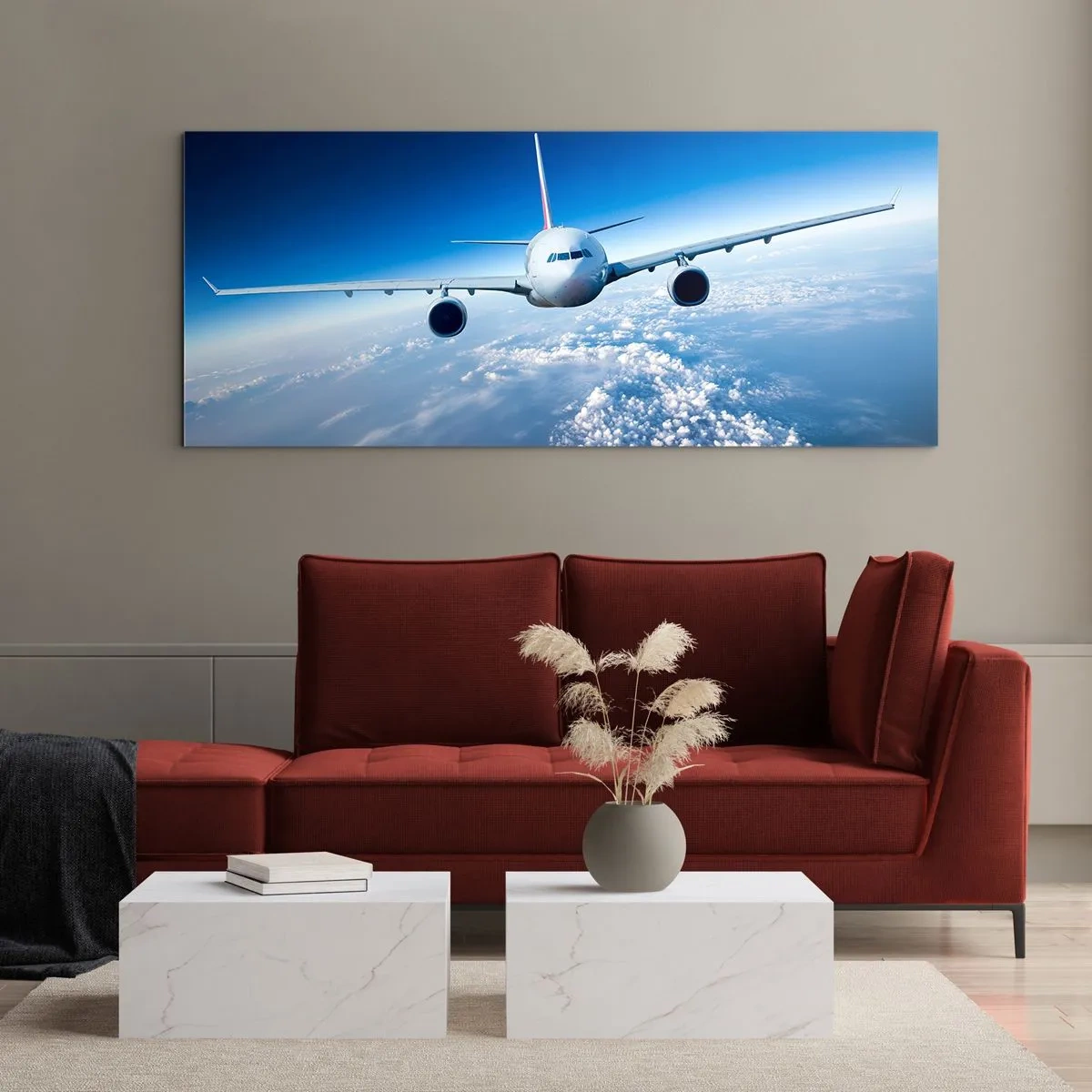 Obraz na szkle - Samolot lecący nad chmurami na tle błękitnego nieba - 160x50cm - Lecę bo chę - Nowoczesna dekoracja ścienna do salonu i sypialni ARTTOR