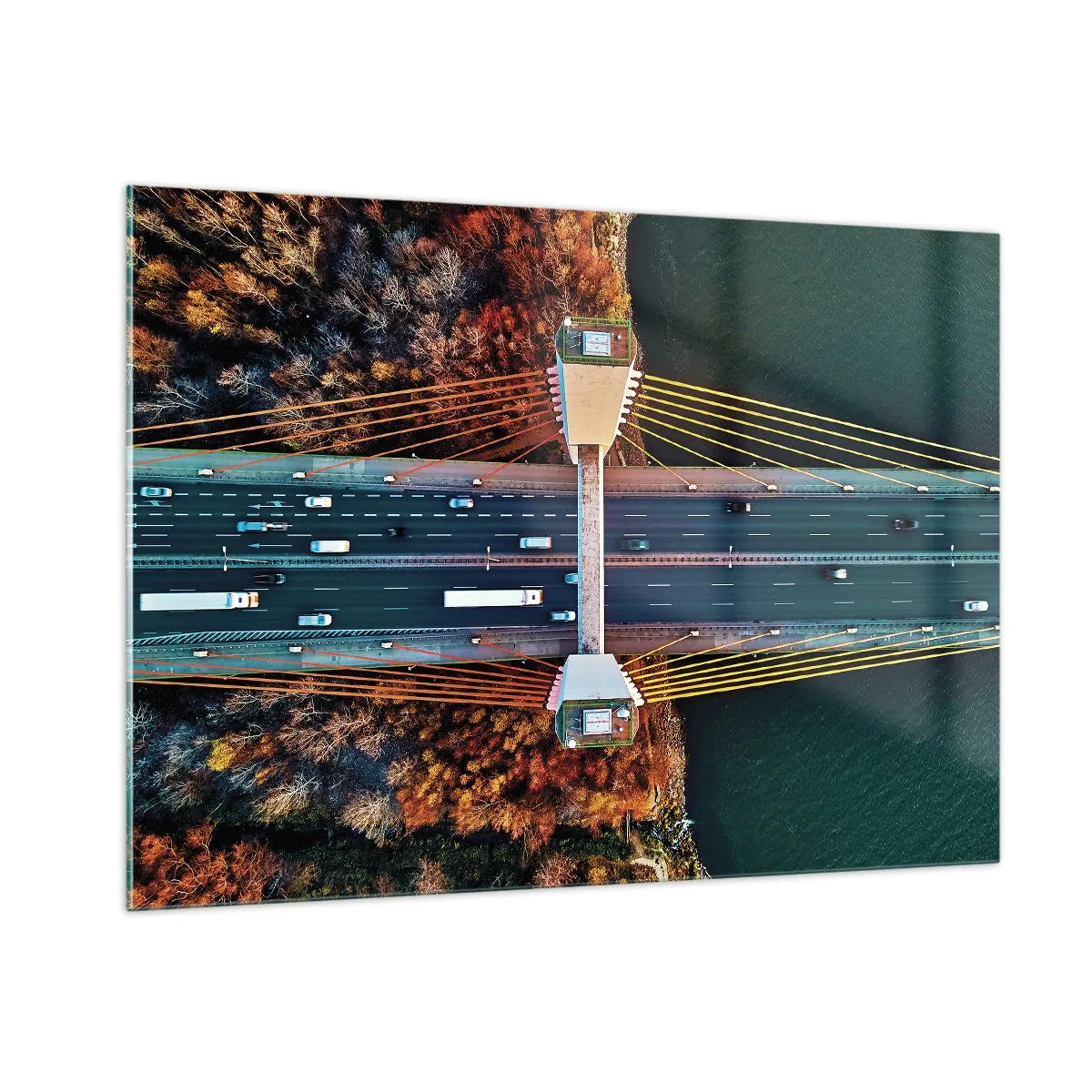 Obraz na szkle - Most z lotu ptaka z symetrycznym układem lin i samochodów - 100x70cm - ZA wodami, za lasami - Nowoczesna dekoracja ścienna do salonu, kuchni i sypialni ARTTOR