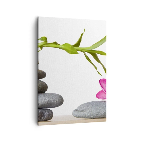 Obraz na płótnie - Zielony bambus, kamienie i różowy kwiat na białym tle - 50x70cm - Kolory życia i trwania - Nowoczesna dekoracja ścienna do salonu, kuchni i sypialni ARTTOR
