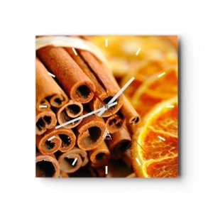 Zegar ścienny - Laski cynamonu z suszonymi plastrami pomarańczy w ciepłych barwach - 30x30cm - Czujesz ich aromat? - Nowoczesna dekoracja ścienna do salonu i sypialni ARTTOR