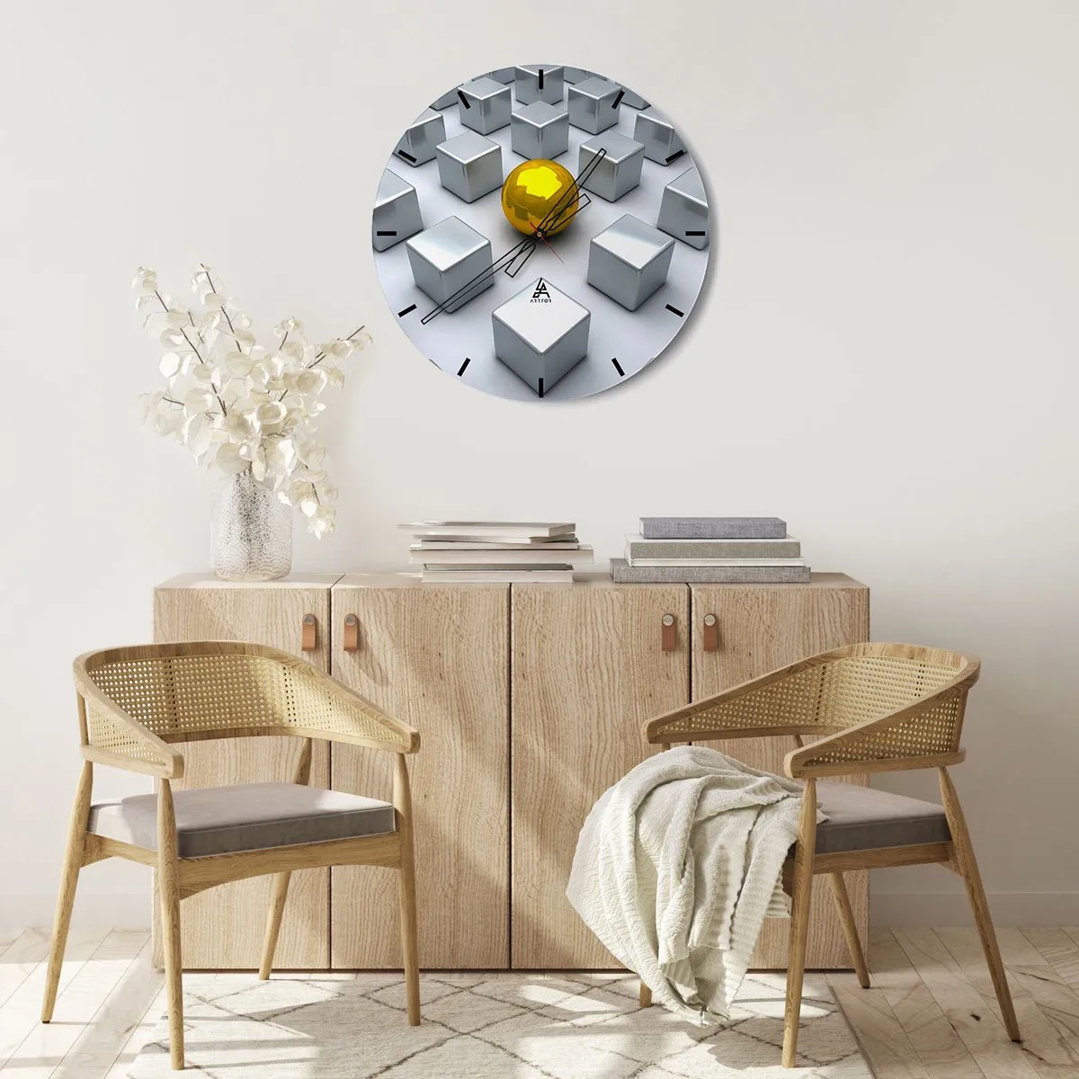 Zegar ścienny - Złota kula wśród srebrnych kostek - 30x30cm - Dlaczego ja? Kompozycja geometryczna - Nowoczesna dekoracja ścienna do salonu, kuchni i sypialni ARTTOR