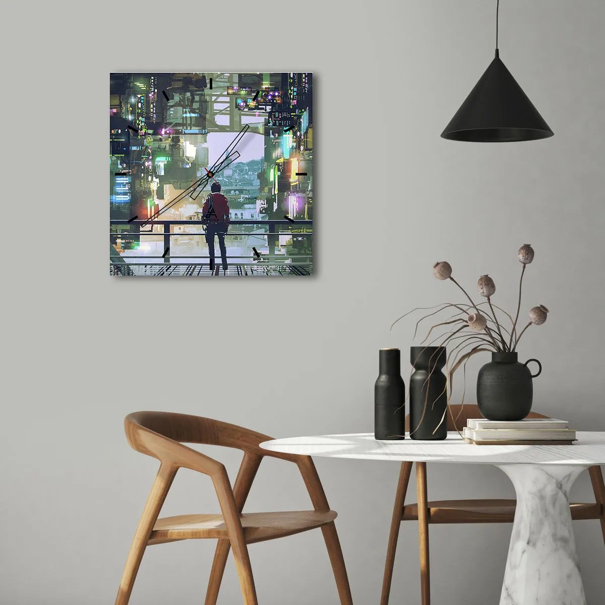 Zegar ścienny - Postać w futurystycznym mieście z neonowymi światłami - 30x30cm - Dwa światy - Nowoczesna dekoracja ścienna do salonu i sypialni ARTTOR