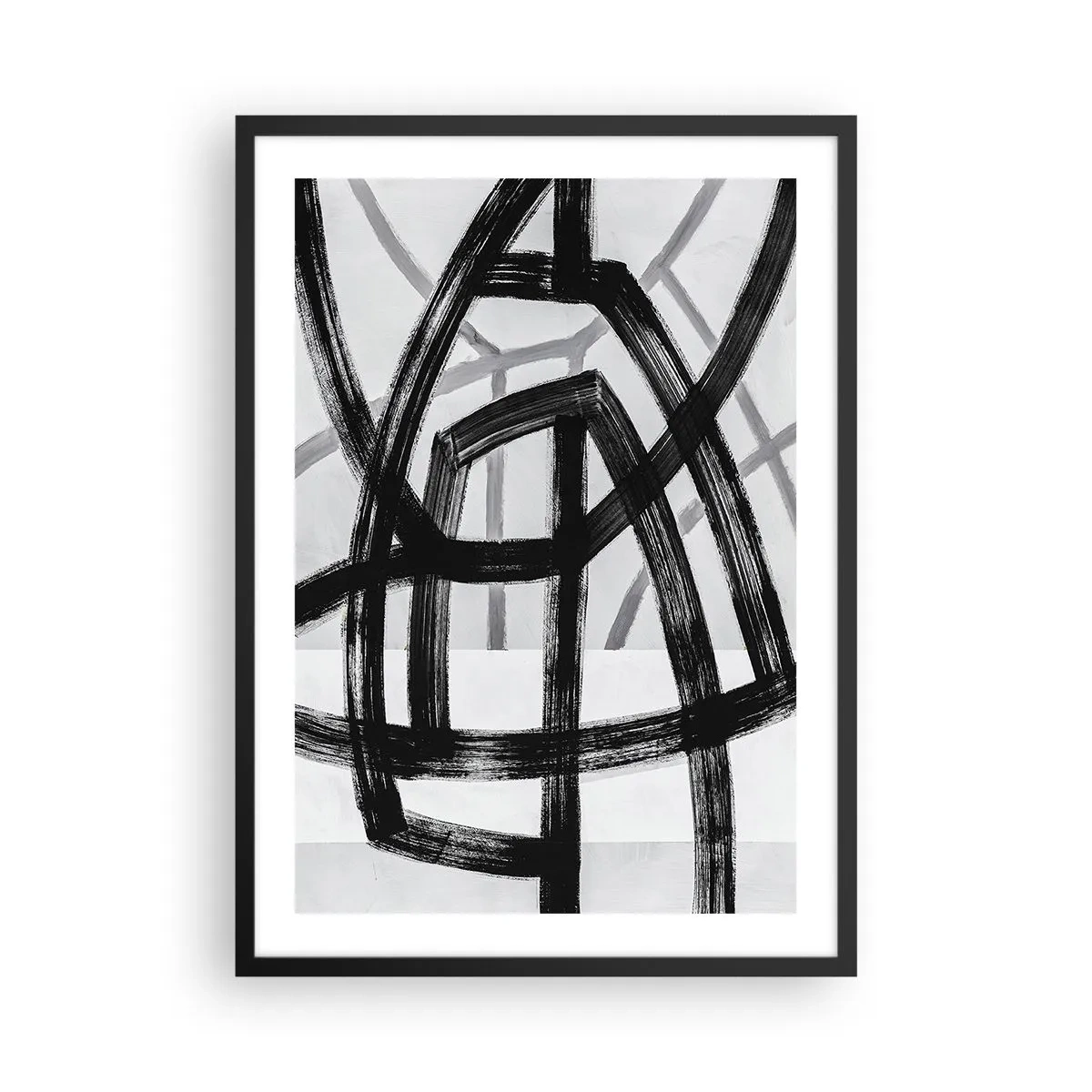 Plakat w czarnej ramie - Geometryczne, czarne linie na jasnym tle w abstrakcyjnej kompozycji - 50x70cm - Budowanie głębi - Nowoczesna dekoracja ścienna do salonu i sypialni ARTTOR
