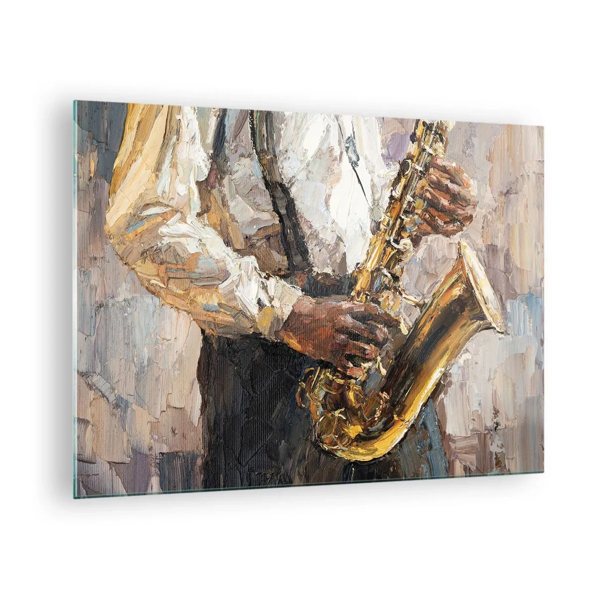 Obraz na szkle - Muzyk grający na saksofonie namalowany techniką impasto - 70x50cm - Czas na solo - Nowoczesna dekoracja ścienna do salonu i sypialni ARTTOR