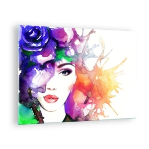 Obraz na szkle - Kobieta z rozmytym, kolorowym tłem w stylu akwarelowym - 70x50cm - Z głową w chmurach - Nowoczesna dekoracja ścienna do salonu i sypialni ARTTOR