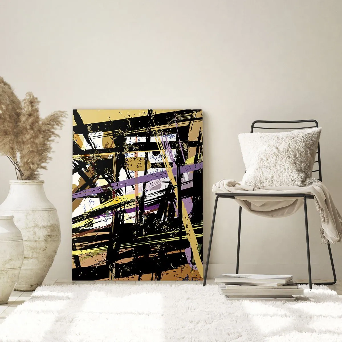 Obraz na szkle - Abstrakcyjne linie i kształty na tle w odcieniach beżu - 80x120cm - Ostre cięcie - Nowoczesna dekoracja ścienna do salonu i sypialni ARTTOR