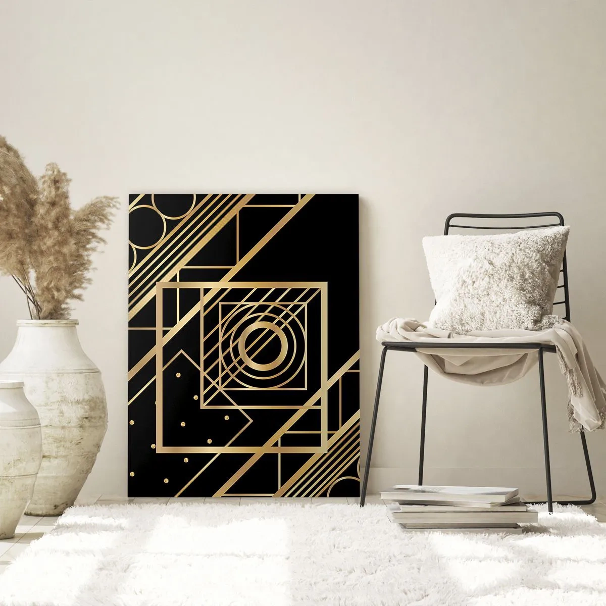 Obraz na szkle - Złote geometryczne wzory na czarnym tle - 50x70cm - Złota geometria - Nowoczesna dekoracja ścienna do salonu, kuchni i sypialni ARTTOR