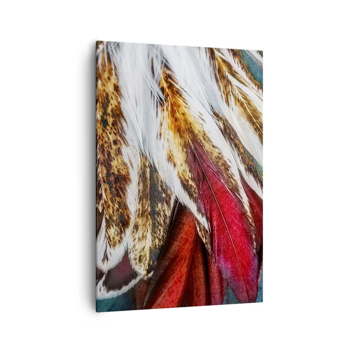 Obraz na płótnie - Zbliżenie na wielokolorowe pióra w żywych, intensywnych barwach - 70x100cm - Tajemnice lotu - Nowoczesna dekoracja ścienna do salonu i sypialni ARTTOR