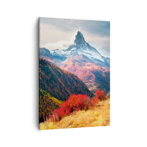 Obraz na płótnie - Jesienne zbocza Alp z widokiem na ośnieżony szczyt góry Matterhorn - 50x70cm - Alpejska jesień - Nowoczesna dekoracja ścienna do salonu, kuchni i sypialni ARTTOR