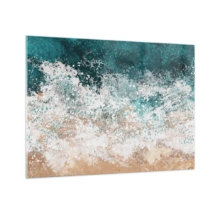 Obraz na szkle - Abstrakcyjna fala morska w odcieniach turkusu, bieli i piaskowego beżu - 70x50cm - Morskie opowieści - Nowoczesna dekoracja ścienna do salonu i sypialni ARTTOR