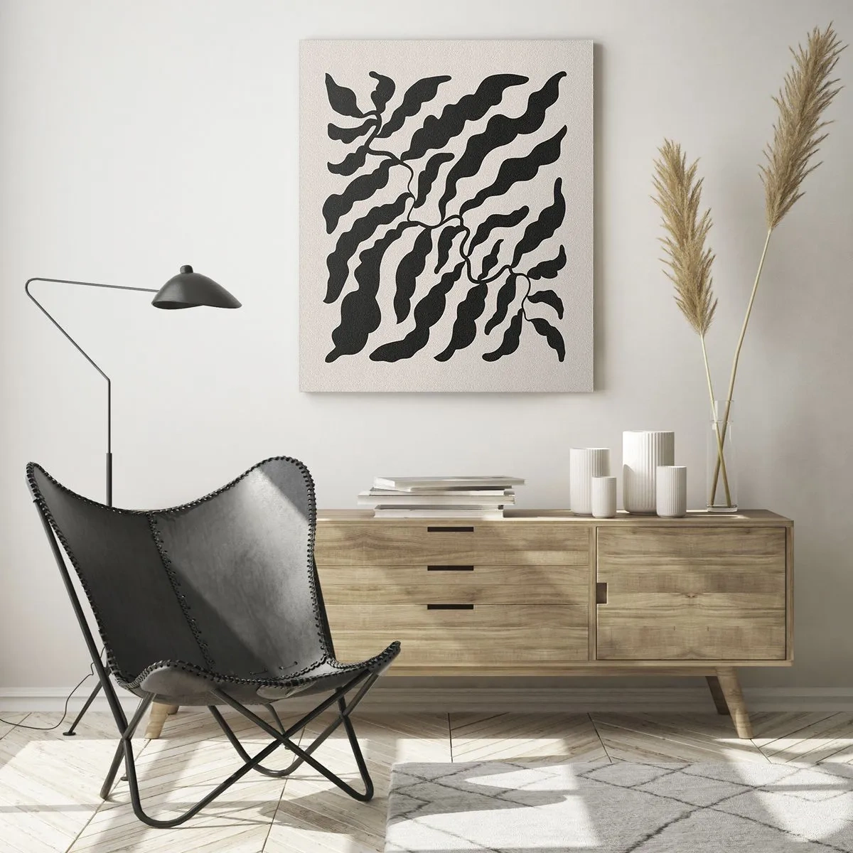 Obraz na szkle - Botaniczna grafika z organicznymi czarnymi liśćmi - 50x70cm - Natura kwadratu - Nowoczesna dekoracja ścienna do salonu, kuchni i sypialni ARTTOR