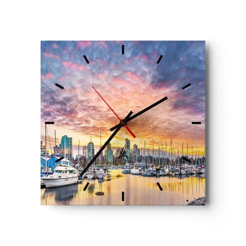 Zegar ścienny - Marina z jachtami i miejskim pejzażem o zachodzie słońca - 30x30cm - Miasto tysiąca żeglarzy - Nowoczesna dekoracja ścienna do salonu i sypialni ARTTOR