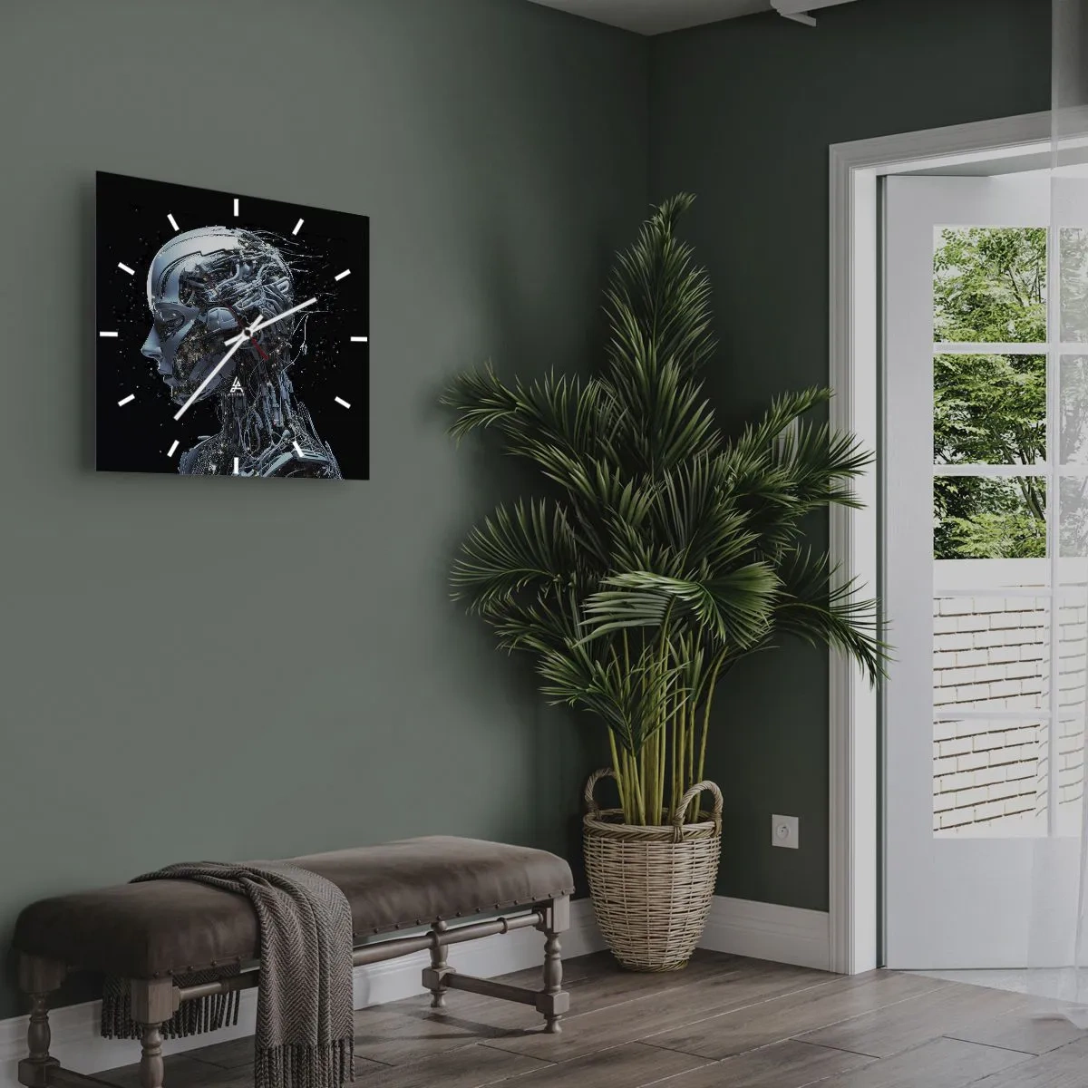 Zegar ścienny - Futurystyczny portret cyborga w industrialnym stylu na czarnym tle - 30x30cm - Technologia jest kobietą - Nowoczesna dekoracja ścienna do salonu i sypialni ARTTOR