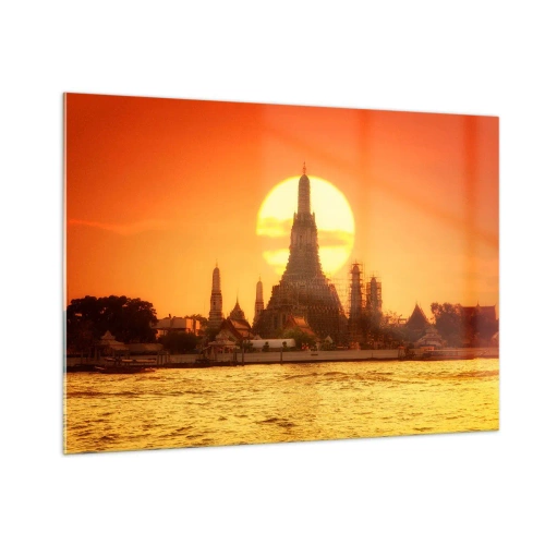 Obraz na szkle - Świątynia o zachodzie słońca nad rzeką - 100x70cm - Ku słońcu, zawsze ku słońcu - Nowoczesna dekoracja ścienna do salonu, kuchni i sypialni ARTTOR