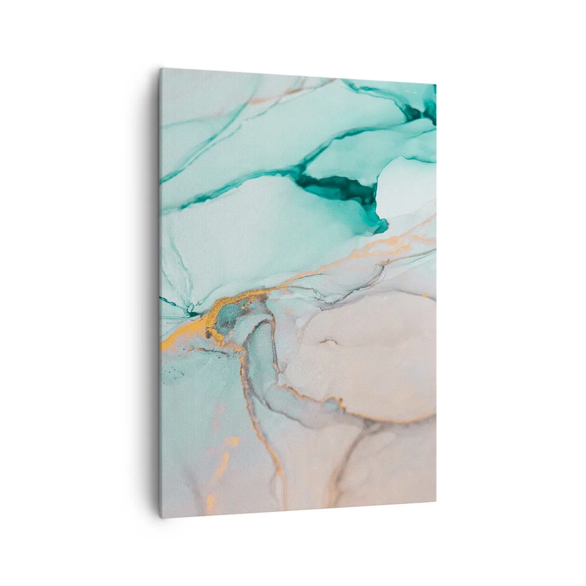 Obraz na płótnie - Abstrakcyjna kompozycja w odcieniach turkusu i złota - 70x100cm - Taniec kształtów i barw - Nowoczesna dekoracja ścienna do salonu i sypialni ARTTOR