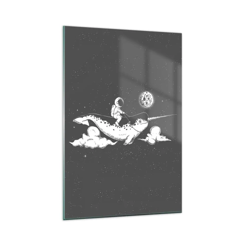 Obraz na szkle - Astronauta na grzbiecie narwala unoszącego się w kosmicznej scenerii - 80x120cm - Kosmiczny jeździec - Nowoczesna dekoracja ścienna do salonu i sypialni ARTTOR
