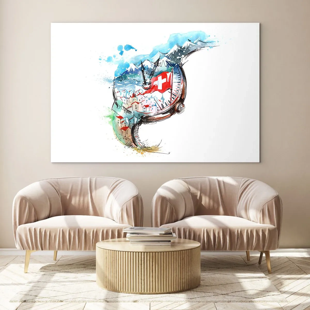 Obraz na szkle - Akwarela szwajcarskiego krajobrazu z flagą i zegarkiem - 100x70cm - Duch Szwajcarii - Nowoczesna dekoracja ścienna do salonu, kuchni i sypialni ARTTOR
