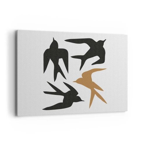 Obraz na płótnie - Sylwetki jaskółek w czerni i złocie - 100x70cm - Jaskółcze zabawy - Nowoczesna dekoracja ścienna do salonu, kuchni i sypialni ARTTOR
