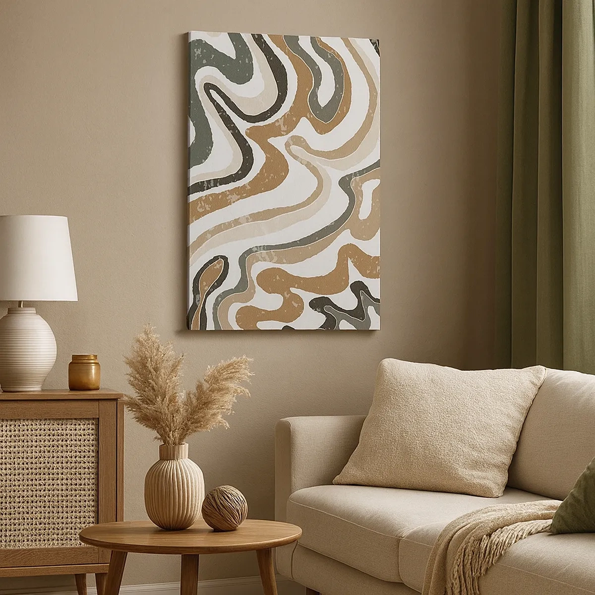 Obraz na płótnie - Abstrakcyjna kompozycja organicznych linii w odcieniach zieleni, beżu i brązu - 50x70cm - Meandry barw ziemi - Nowoczesna dekoracja ścienna do salonu, kuchni i sypialni ARTTOR