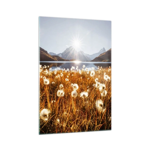 Obraz na szkle - Pole bawełnianych traw na tle gór i jeziora w promieniach słońca - 70x100cm - Twardość skał, miękkość traw - Nowoczesna dekoracja ścienna do salonu i sypialni ARTTOR