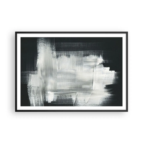 Plakat w czarnej ramie - Białe abstrakcyjne pociągnięcia na ciemnym tle - 100x70cm - Utkane z pionu i poziomu - Nowoczesna dekoracja ścienna do salonu i sypialni ARTTOR