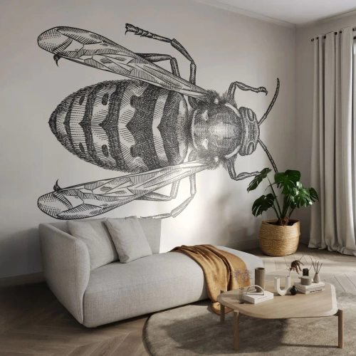Fototapeta Premium Canvas - Rysunkowy motyw osy na białym tle w stylu minimalistycznym - 100x70cm - Z owadziej planety - Nowoczesna dekoracja ścienna do salonu i sypialni ARTTOR