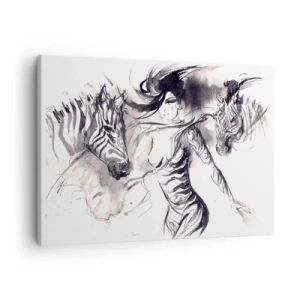 Obraz na płótnie - Kobieta w dynamicznym tańcu z zebrami w czarno-białej estetyce - 70x50cm - Tańcząca z zebrami - Nowoczesna dekoracja ścienna do salonu i sypialni ARTTOR