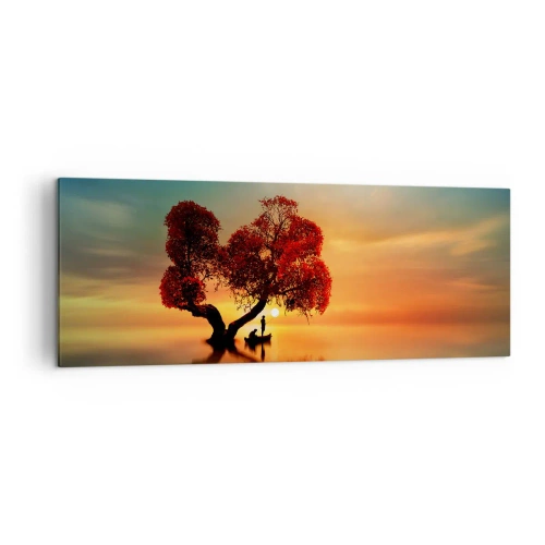 Obraz na płótnie - Drzewo o czerwonych liściach i łódź na wodzie o zachodzie słońca - 140x50cm - Oddaleńcy i ciszyzna bezświata - Nowoczesna dekoracja ścienna do salonu i sypialni ARTTOR