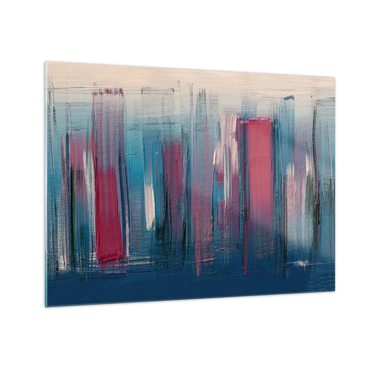 Obraz na szkle - Wertykalne pociągnięcia pędzla w czerwieni i błękicie na tle beżu - 70x50cm - Kompozycja wertykalna w błękicie i czerwieni - Nowoczesna dekoracja ścienna do salonu i sypialni ARTTOR