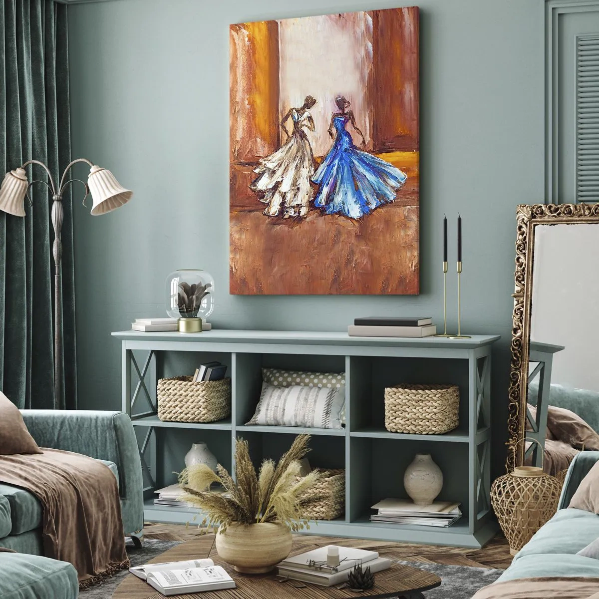 Obraz na płótnie - Postacie w sukniach wieczorowych w artystycznym stylu - 70x100cm - Wdzięczny duet - Nowoczesna dekoracja ścienna do salonu i sypialni ARTTOR