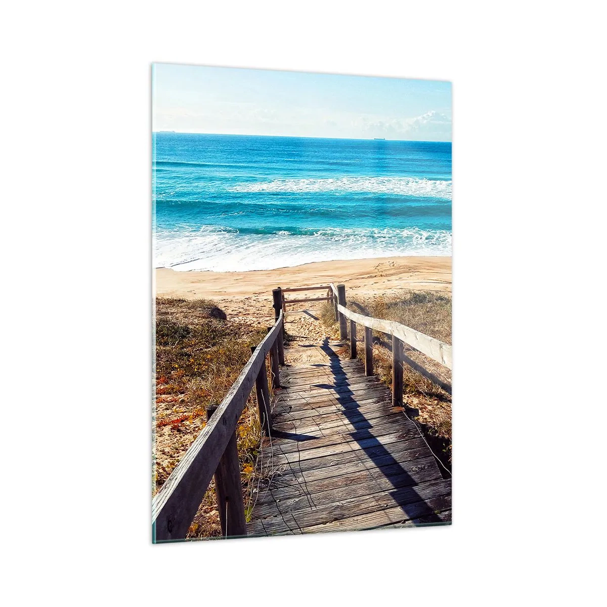 Obraz na szkle - Drewniana ścieżka prowadząca na plażę z widokiem na ocean - 50x70cm - Biegnij! - Nowoczesna dekoracja ścienna do salonu, kuchni i sypialni ARTTOR