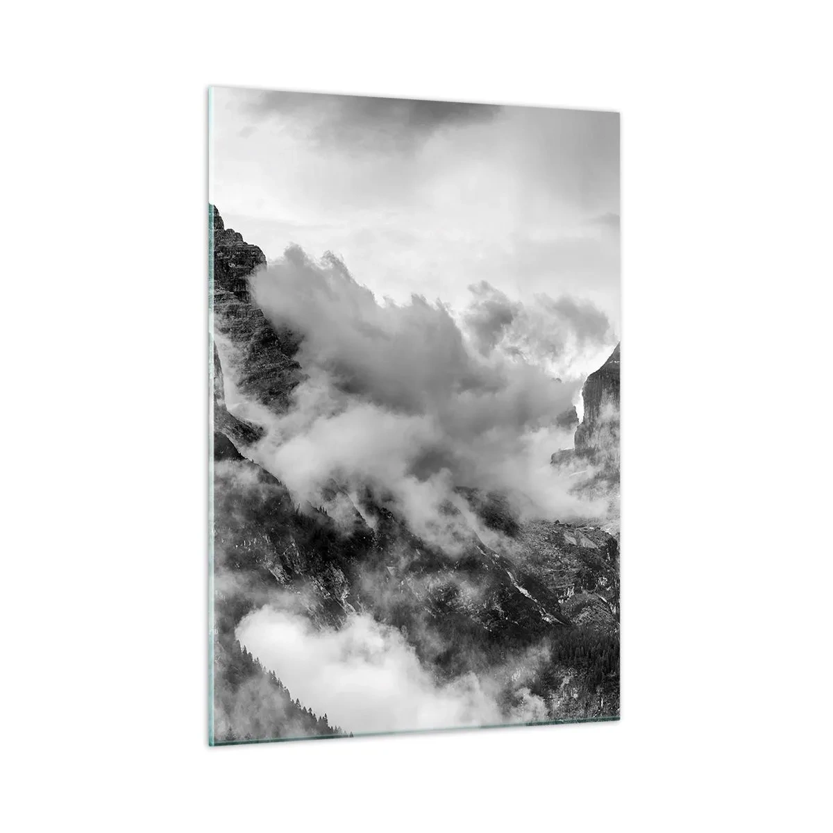 Obraz na szkle - Czarno-białe góry z mgłą w dolinach - 50x70cm - Piękne i okrutne - Nowoczesna dekoracja ścienna do salonu, kuchni i sypialni ARTTOR
