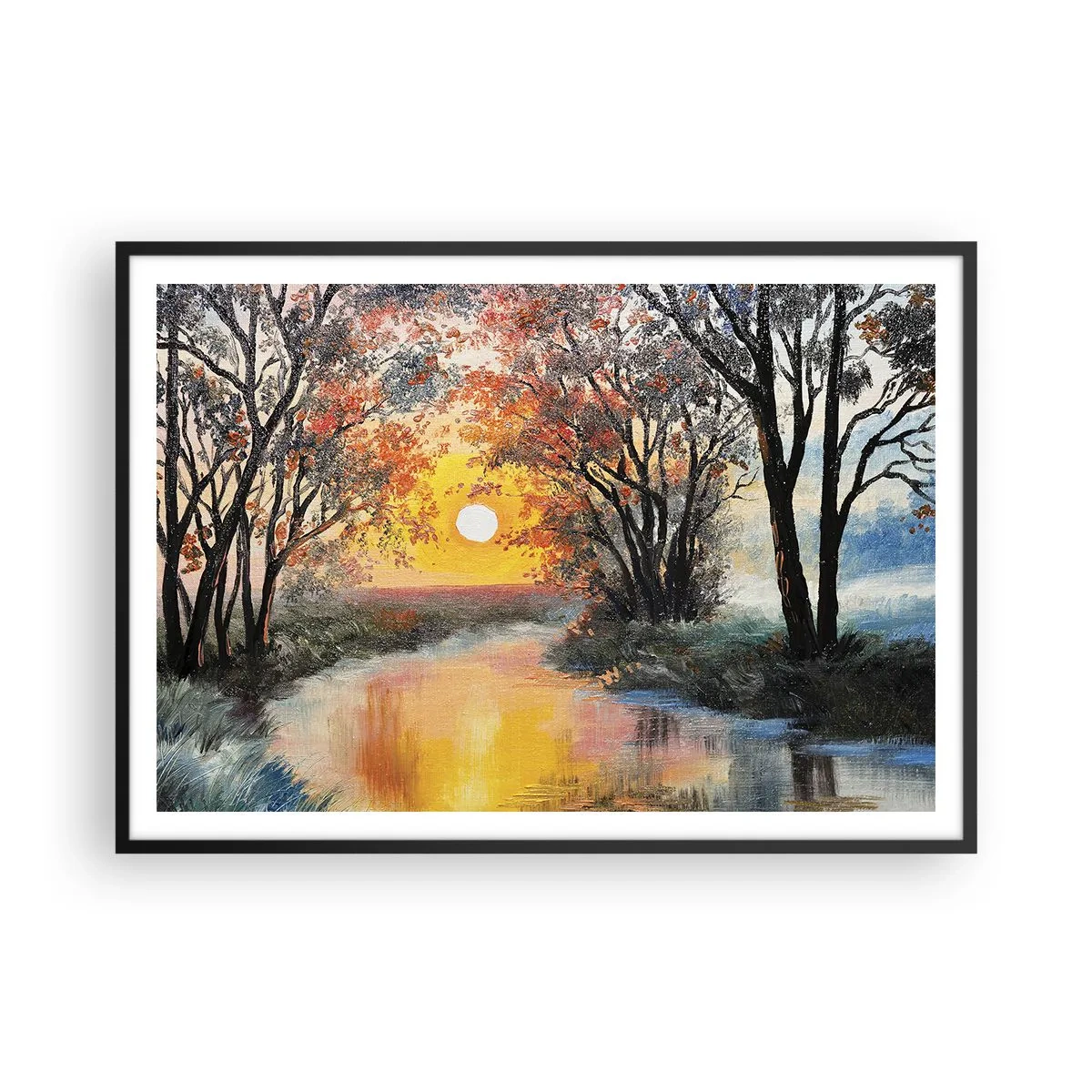 Plakat w czarnej ramie - Zachód słońca nad rzeką w jesiennym krajobrazie - 100x70cm - Jesienne klimaty - Nowoczesna dekoracja ścienna do salonu i sypialni ARTTOR
